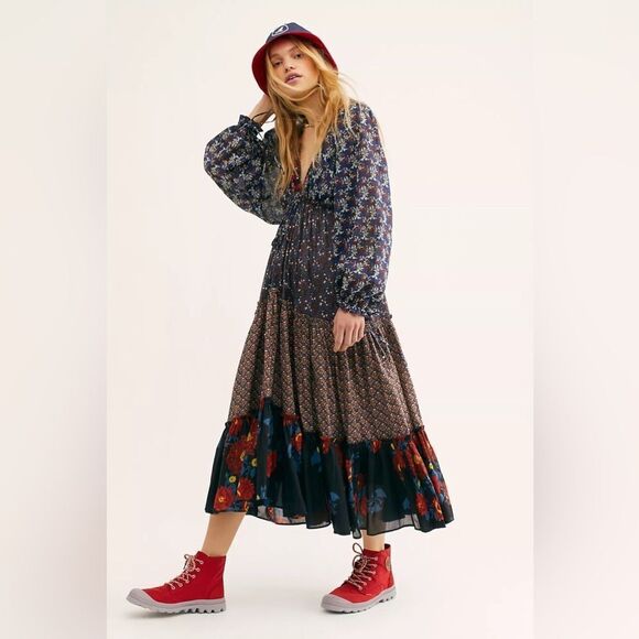 NEW FREE PEOPLE MIX IT UP MAXI TIERED MIXED PRINT MAXI DRESS - Picture 1 of 3